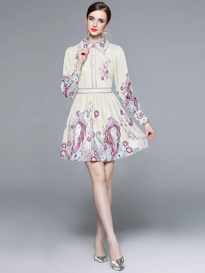 Floral Vintage Print A Line Dress with Belt