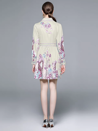 Floral Vintage Print A Line Dress with Belt