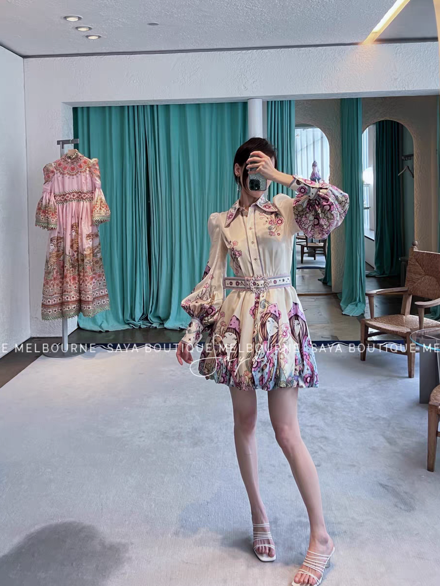 Floral Vintage Print A Line Dress with Belt