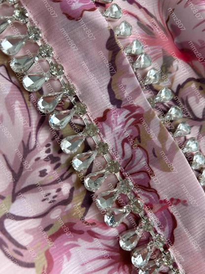 Pink Diamond Studded Short A Line Dress with Belt