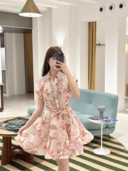 Pink Diamond Studded Short A Line Dress with Belt