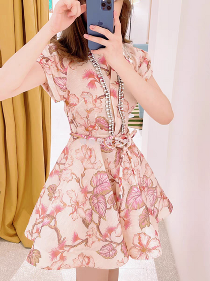 Pink Diamond Studded Short A Line Dress with Belt