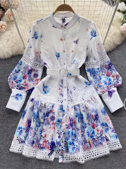 Floral Print Crochet A Line Dress