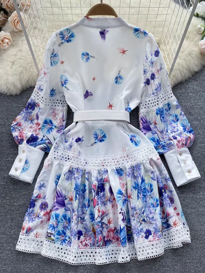 Floral Print Crochet A Line Dress