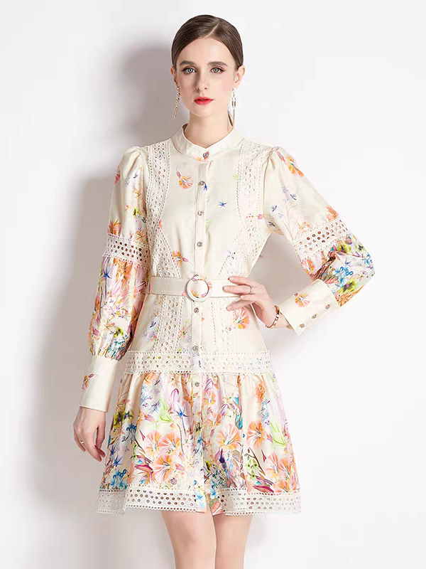 Floral Print Crochet A Line Dress