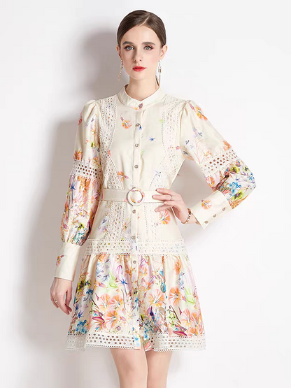 Floral Print Crochet A Line Dress