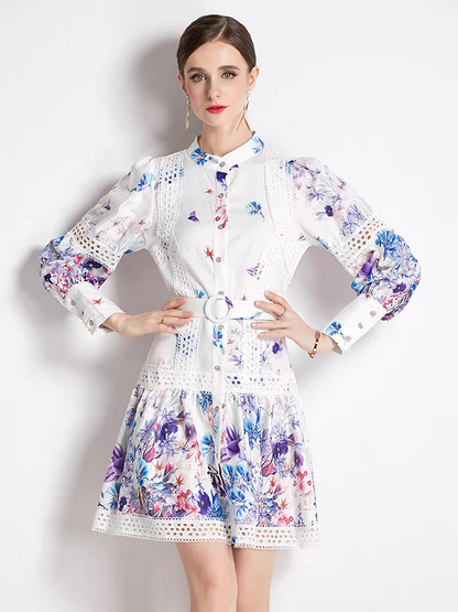 Floral Print Crochet A Line Dress