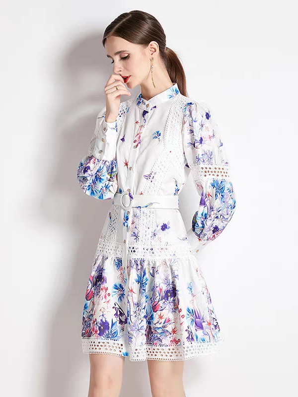 Floral Print Crochet A Line Dress