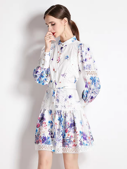 Floral Print Crochet A Line Dress