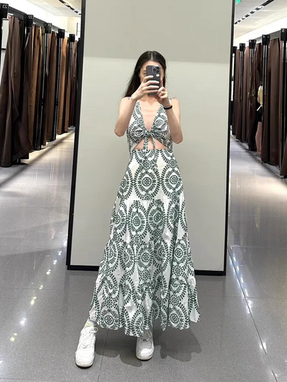 Embroidered Crochet Cutout Knotted Maxi Dress