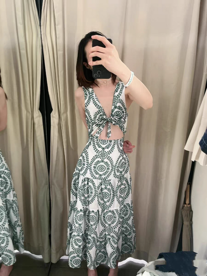 Embroidered Crochet Cutout Knotted Maxi Dress