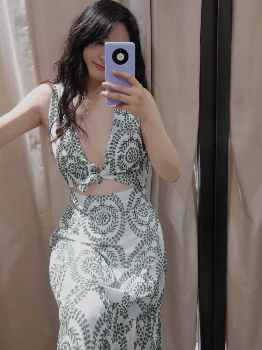 Embroidered Crochet Cutout Knotted Maxi Dress