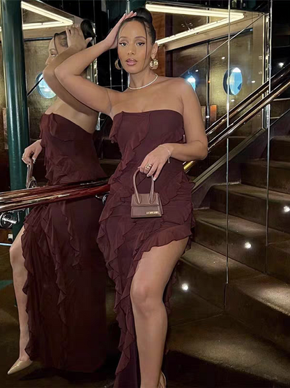 Bandeau Tube Asymmetric Ruffle Maxi Dress