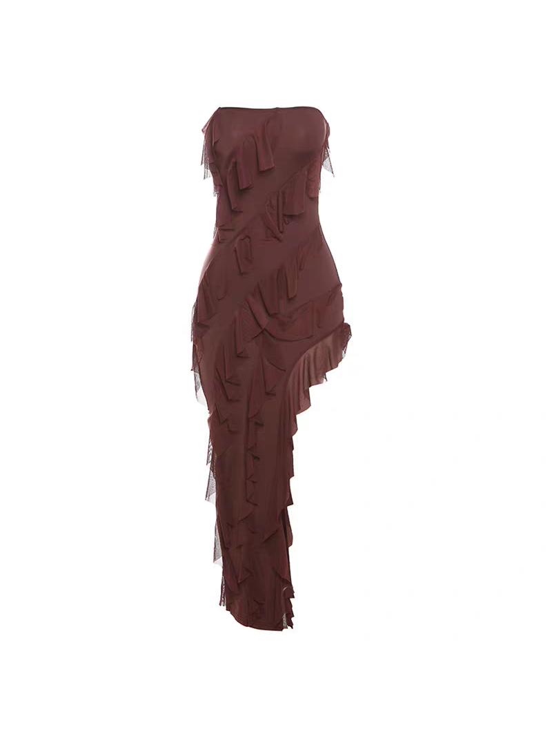 Bandeau Tube Asymmetric Ruffle Maxi Dress