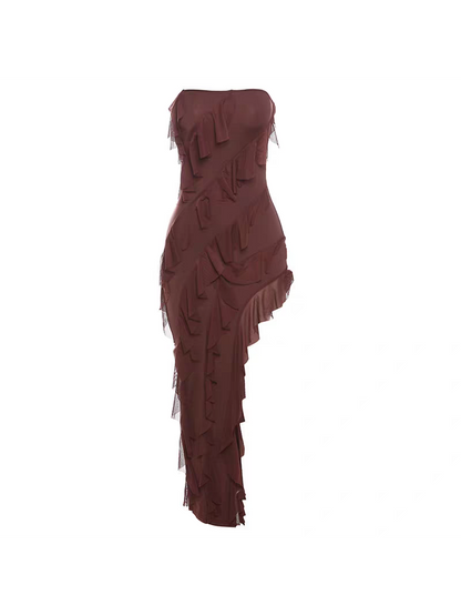 Bandeau Tube Asymmetric Ruffle Maxi Dress