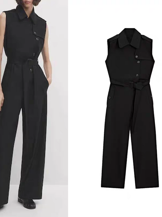 Black Sleeveless Vest Collar Jumpsuit