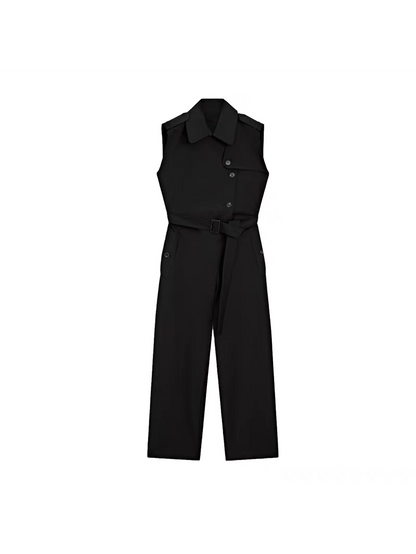 Black Sleeveless Vest Collar Jumpsuit