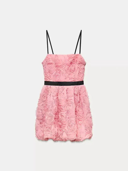 3D Flower Spaghetti Strap Short Dress