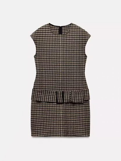 Striped/ Plain/ Chequered Print Short Belt Sleeveless Dress