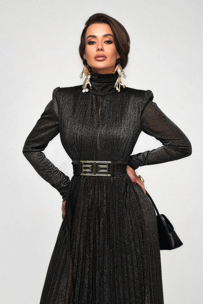 Elsie Metallic Pleated Belted Maxi Dress