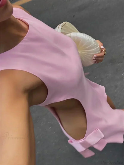 High Neck Side Cutout Bow Trim Sleeveless A-Line Mini Dress