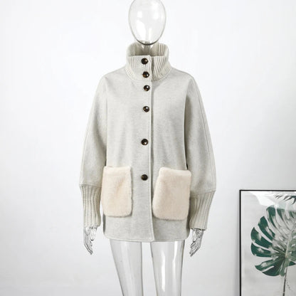 Terry Turtleneck Faux Fur Knit Coat