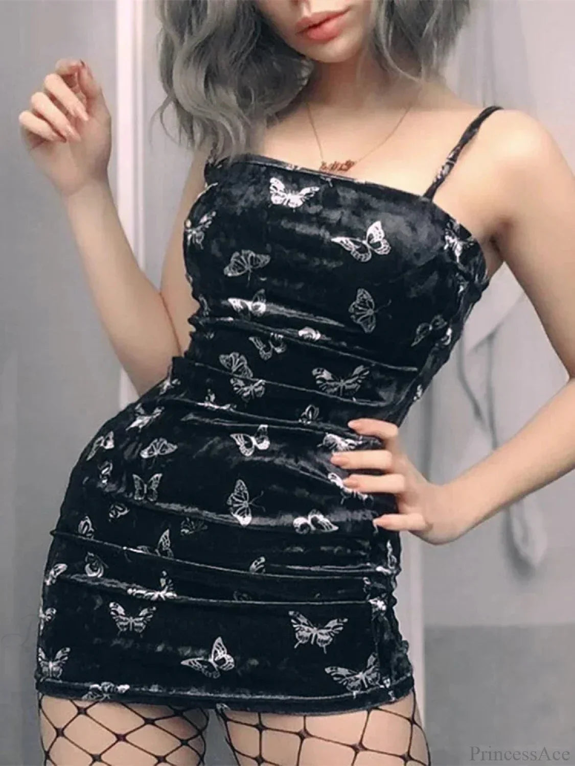 Butterfly Print Velvet Ruched Square Neck Spaghetti Strap Mini Dress