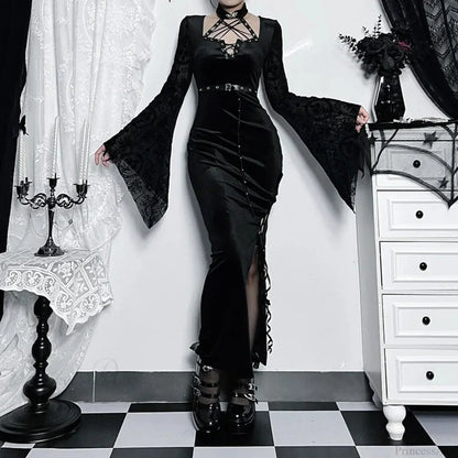 Thin Suede Separated Flared Full-Length Dress