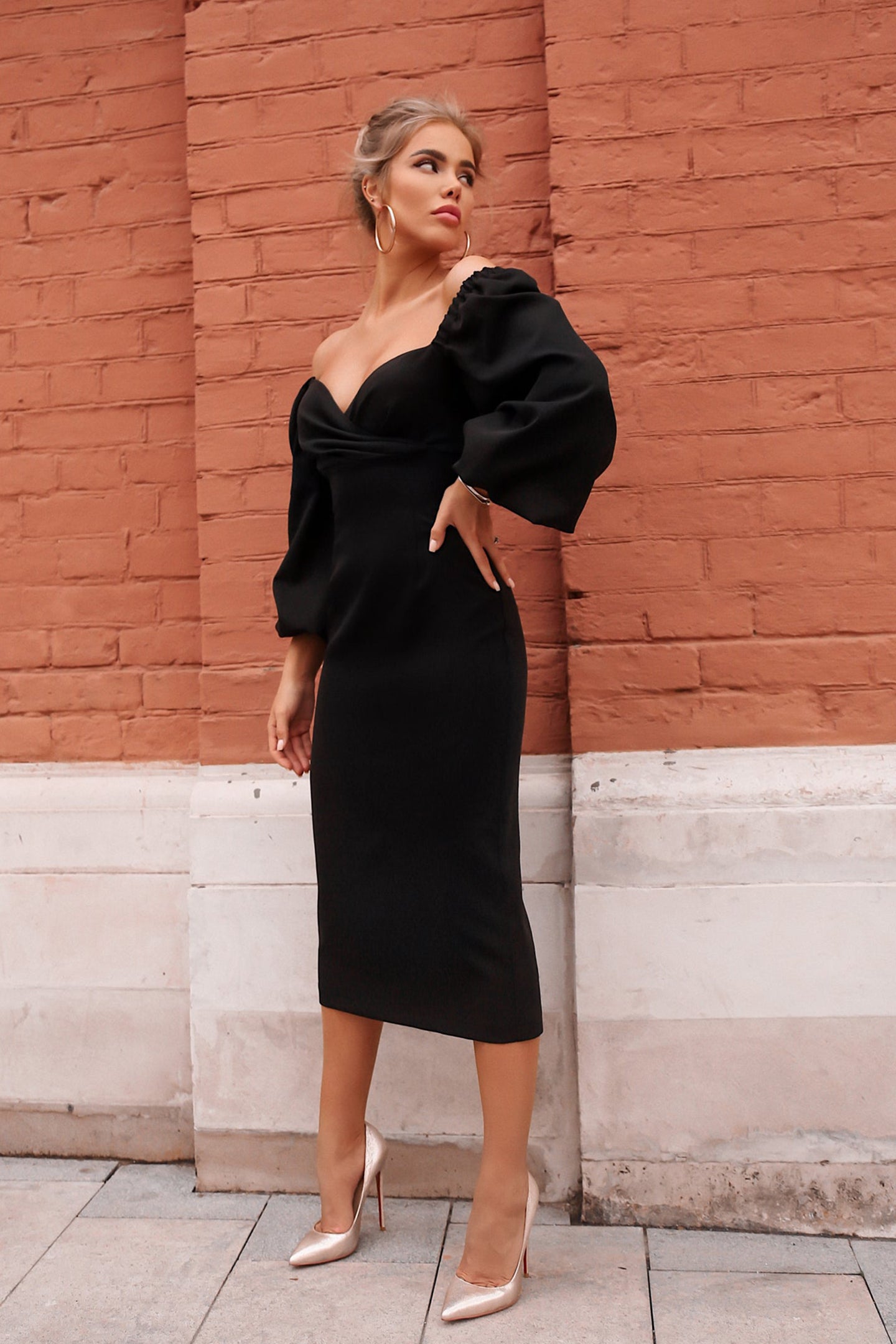 Lorraine Off Shoulder Puff Sleeves Midi Dress
