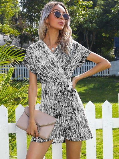 Snake Print Wrap V-Neck Flutter Sleeve Belted Mini Dress