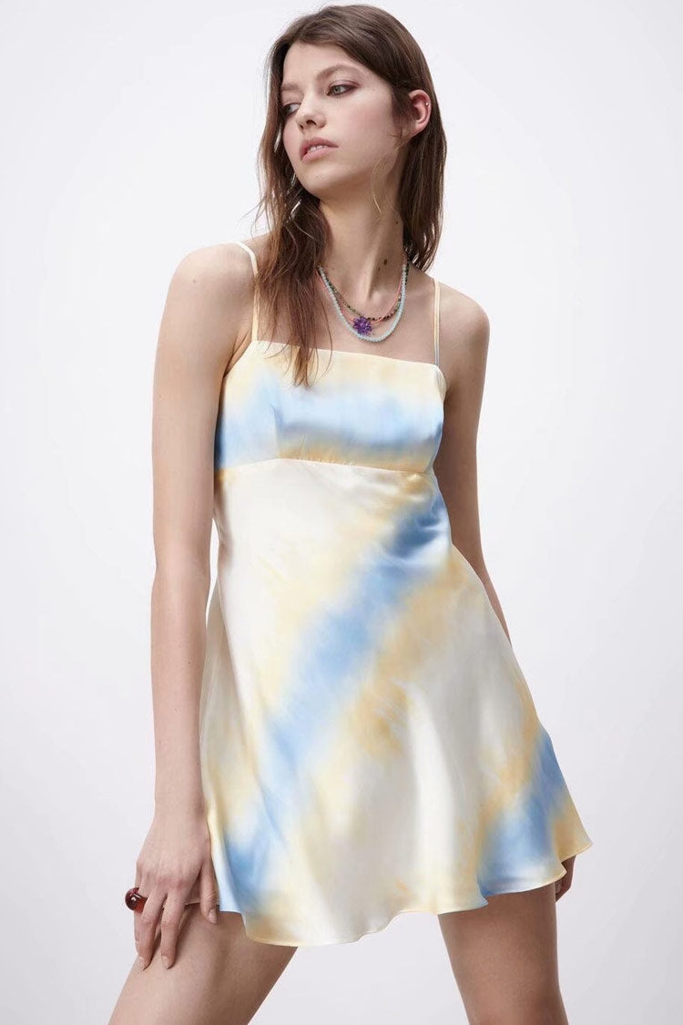 Square Neck Spaghetti Strap Tie Dye Print A Line Slip Mini Dress