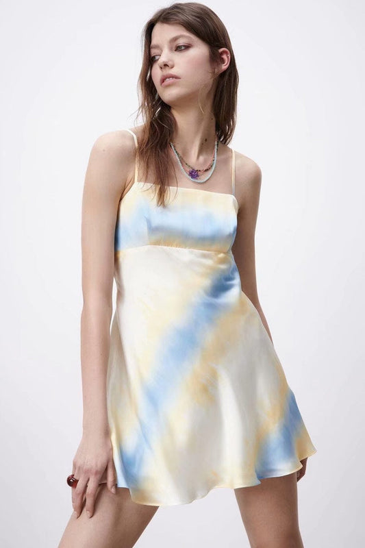 Square Neck Spaghetti Strap Tie Dye Print A Line Slip Mini Dress
