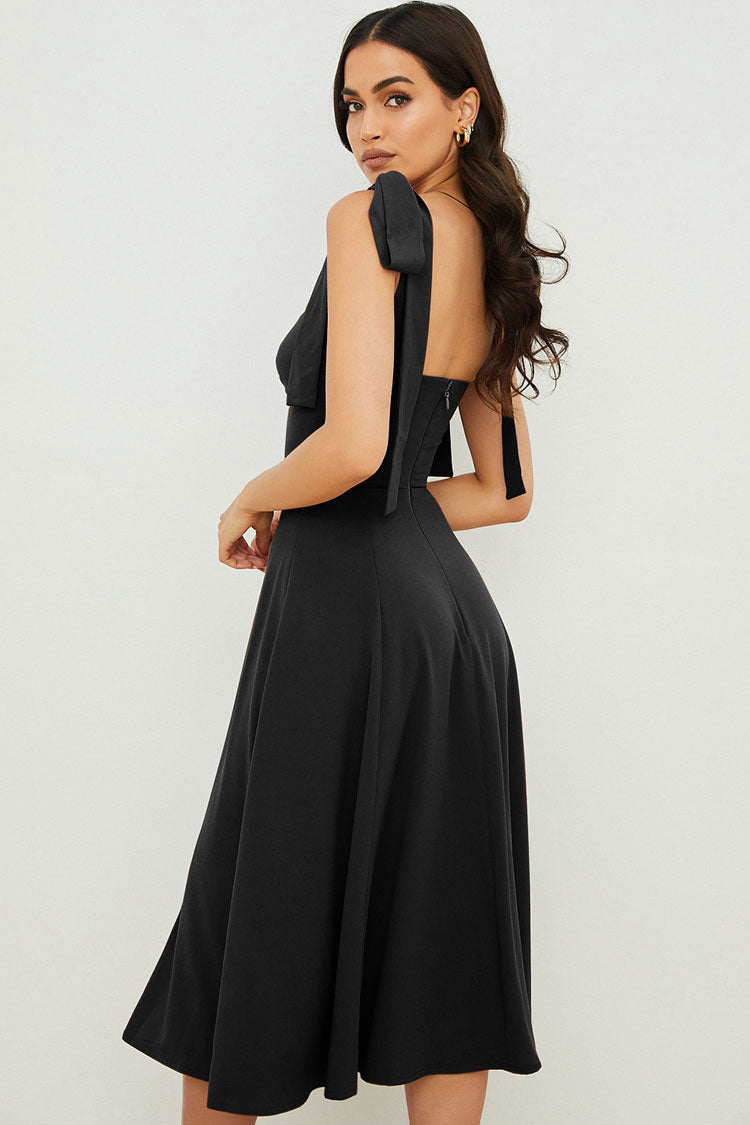 Tie Shoulder Bow Strap Sweetheart Ruched Bodice High Slit Midi Dress