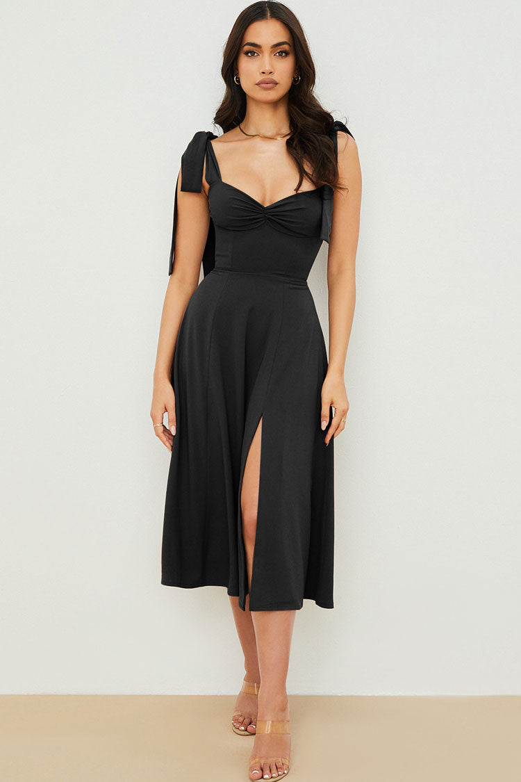 Tie Shoulder Bow Strap Sweetheart Ruched Bodice High Slit Midi Dress