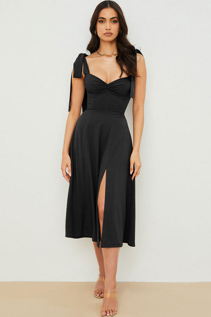 Tie Shoulder Bow Strap Sweetheart Ruched Bodice High Slit Midi Dress