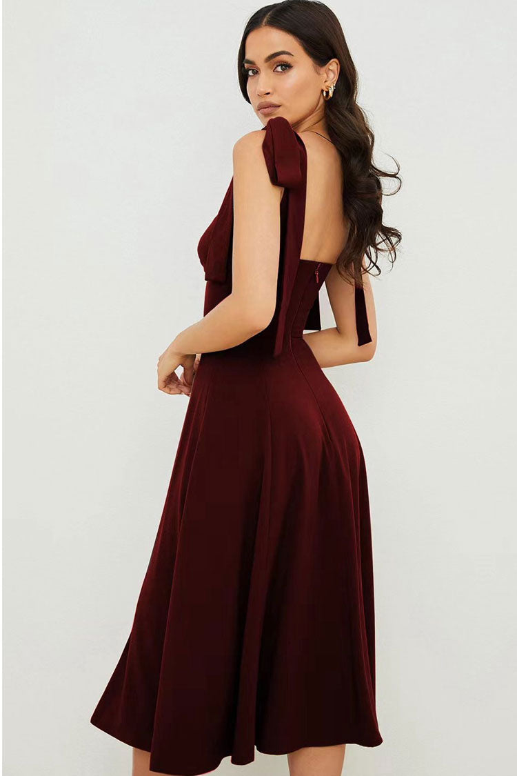 Tie Shoulder Strap Sweetheart Ruched Bust High Split Fit and Flare Midi Dress