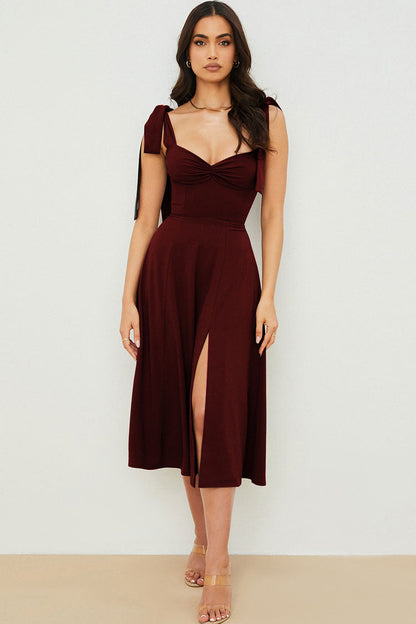Tie Shoulder Strap Sweetheart Ruched Bust High Split Fit and Flare Midi Dress