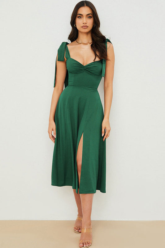Tie Shoulder Strap Sweetheart Ruched Bust High Split Fit and Flare Midi Dress