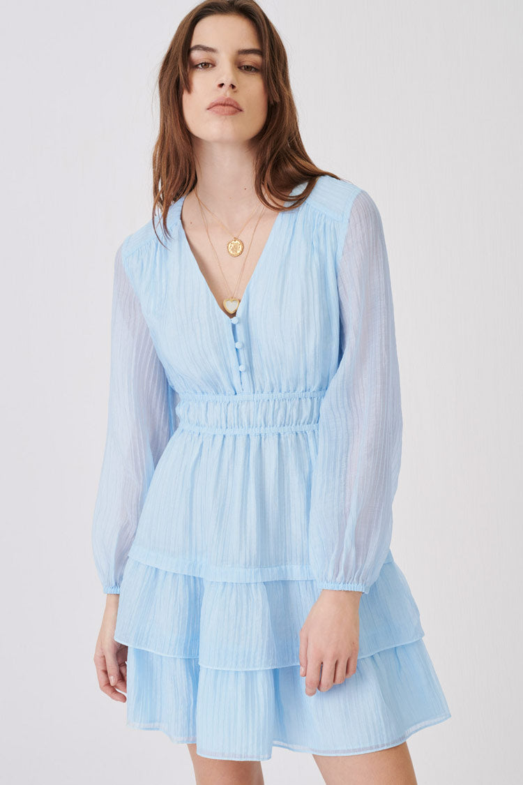 Tiered Ruffle Long Sleeve Smocked Waist Plisse V Neck Button Front Mini Dress