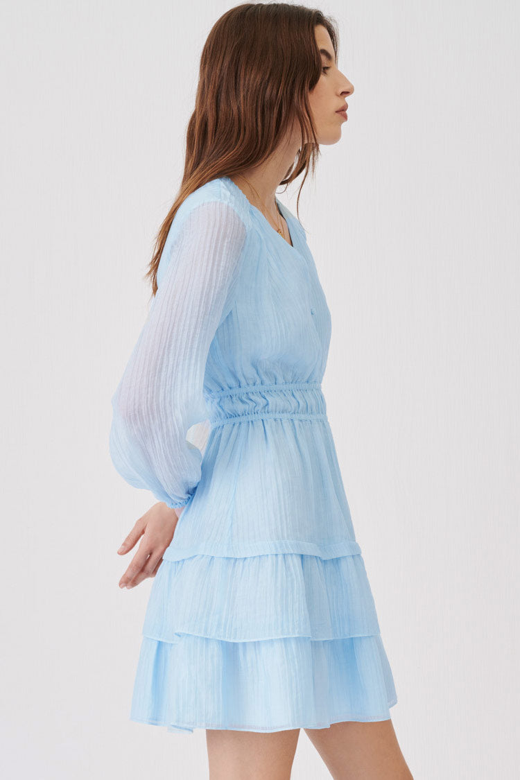 Tiered Ruffle Long Sleeve Smocked Waist Plisse V Neck Button Front Mini Dress