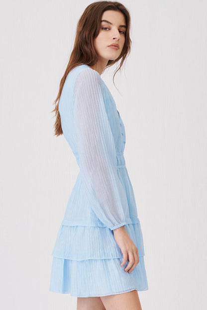 Tiered Ruffle Long Sleeve Smocked Waist Plisse V Neck Button Front Mini Dress