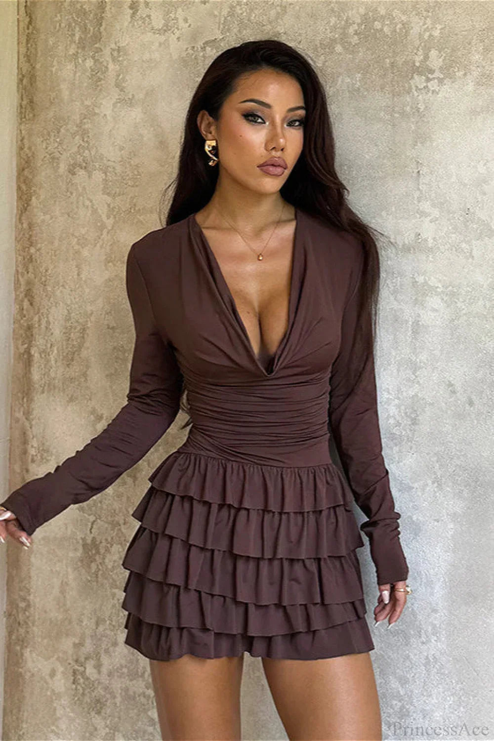 Deep V-Neck Ruched Tiered Ruffle Hem Long Sleeve Mini Dress