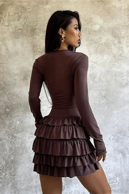 Deep V-Neck Ruched Tiered Ruffle Hem Long Sleeve Mini Dress