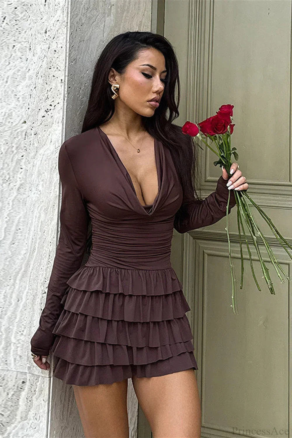 Deep V-Neck Ruched Tiered Ruffle Hem Long Sleeve Mini Dress
