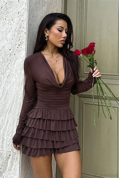Deep V-Neck Ruched Tiered Ruffle Hem Long Sleeve Mini Dress