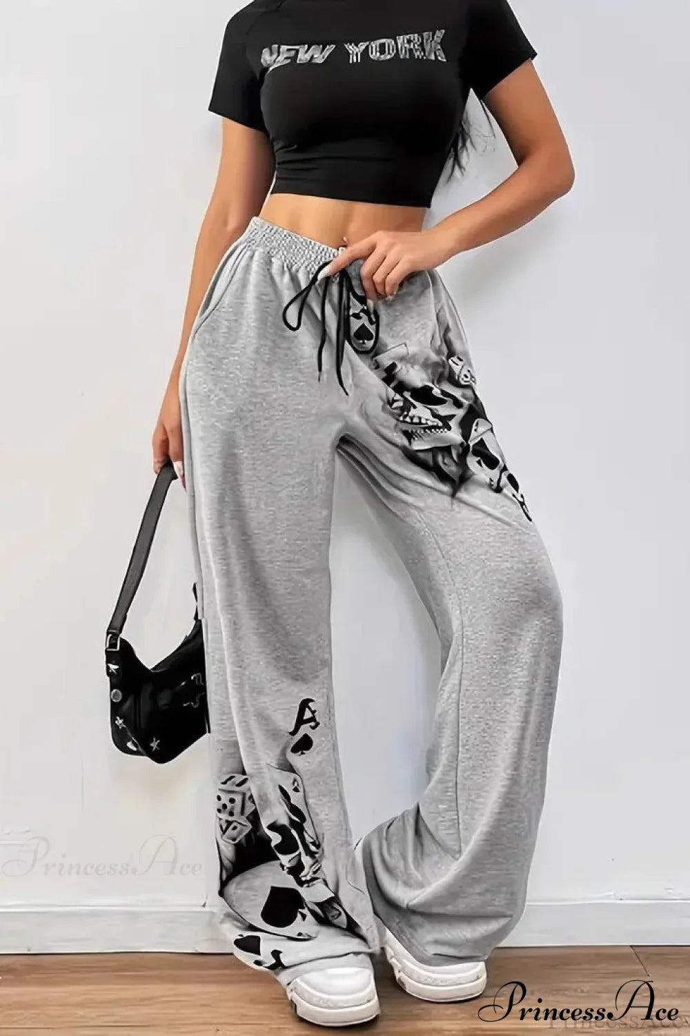 Tire Track Print Drawstring Loose Wide-Leg Pants