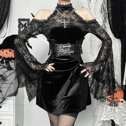 Velvet Floral Lace Mock Neck Cold-Shoulder Bell Sleeve Corset-Belt Mini Dress