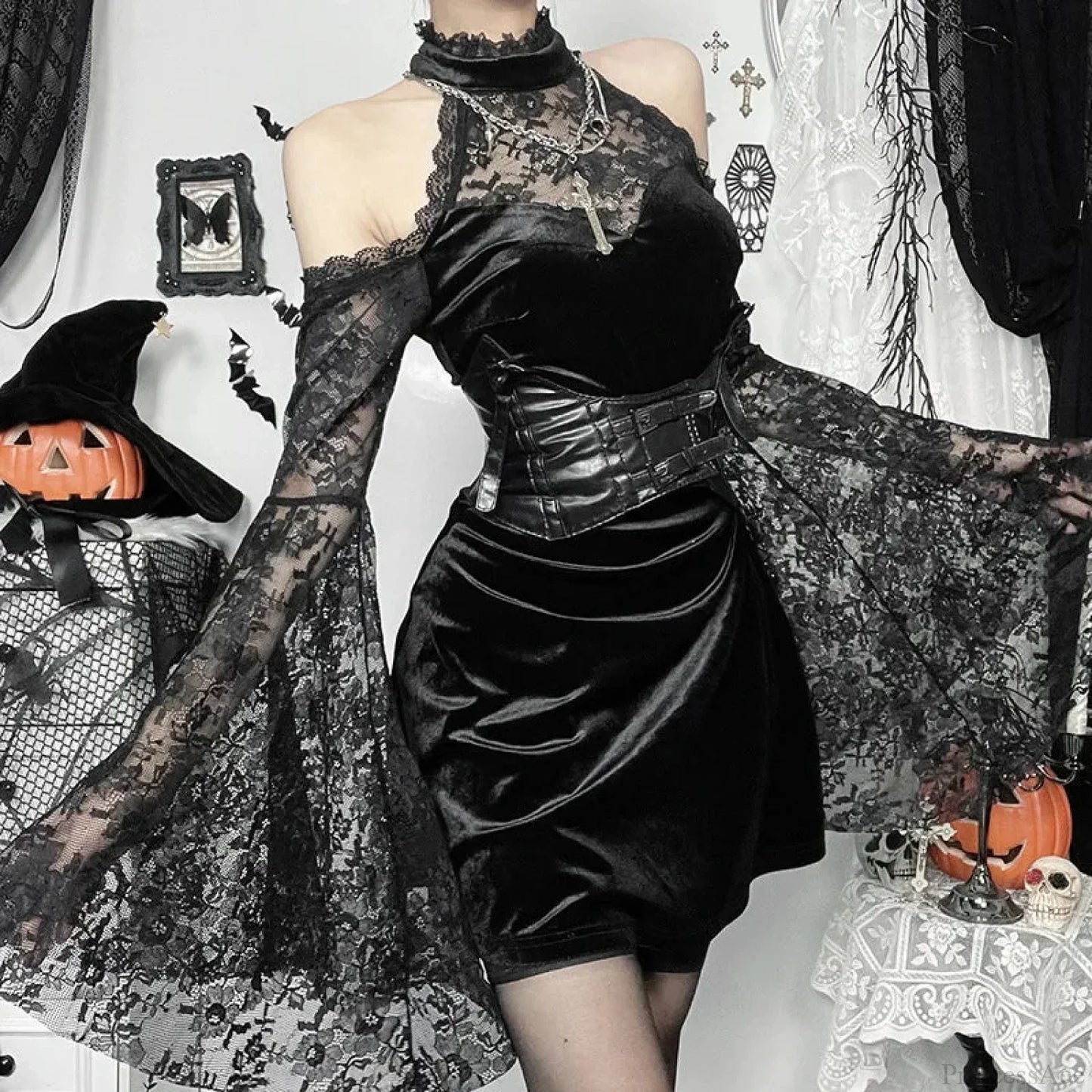 Velvet Floral Lace Mock Neck Cold-Shoulder Bell Sleeve Corset-Belt Mini Dress
