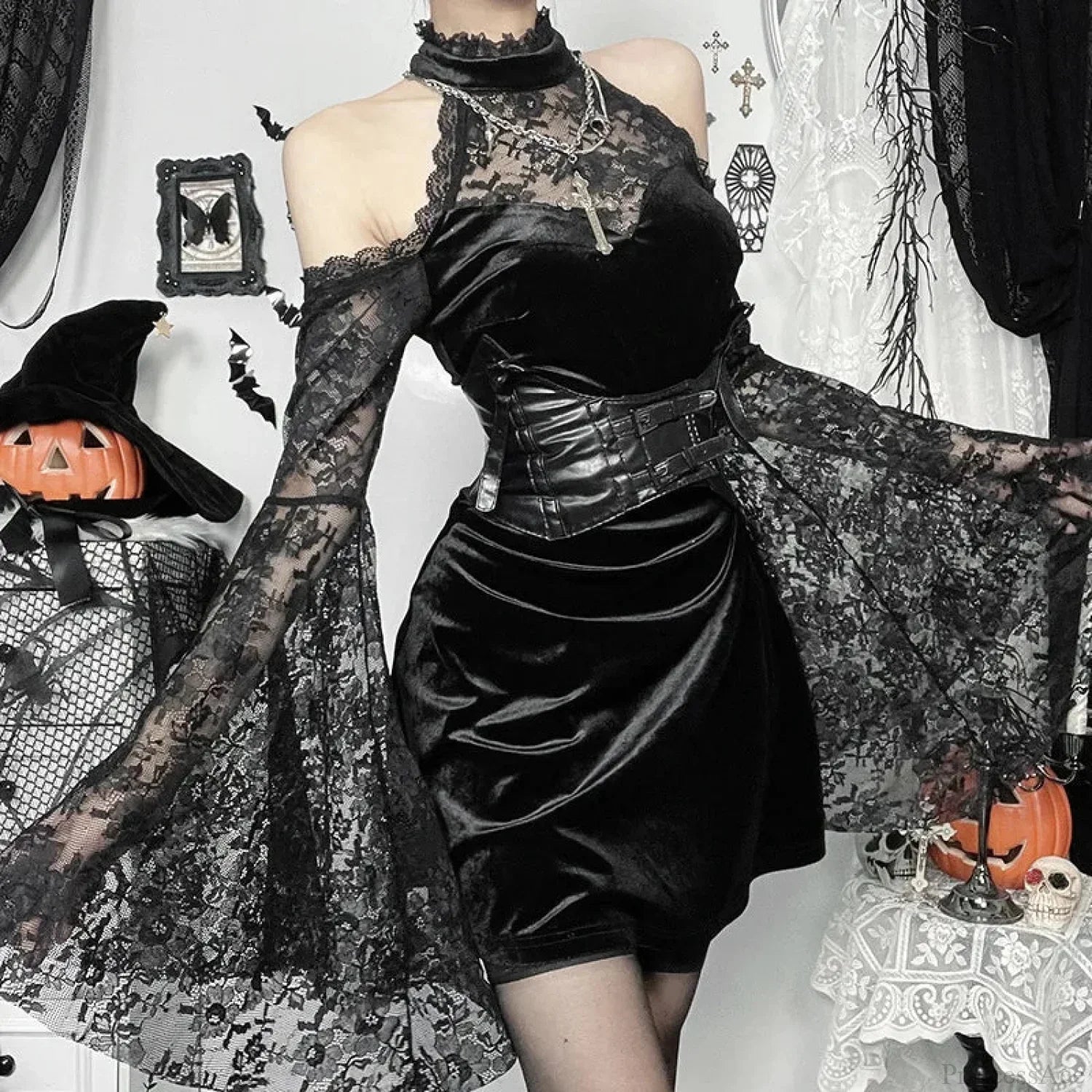 Velvet Floral Lace Mock Neck Cold-Shoulder Bell Sleeve Corset-Belt Mini Dress