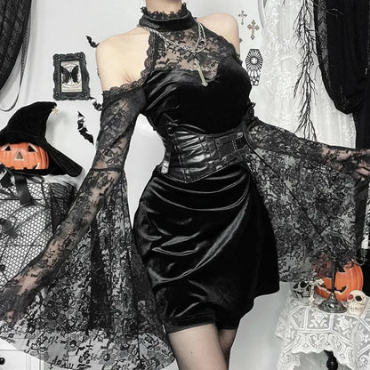 Velvet Floral Lace Mock Neck Cold-Shoulder Bell Sleeve Corset-Belt Mini Dress